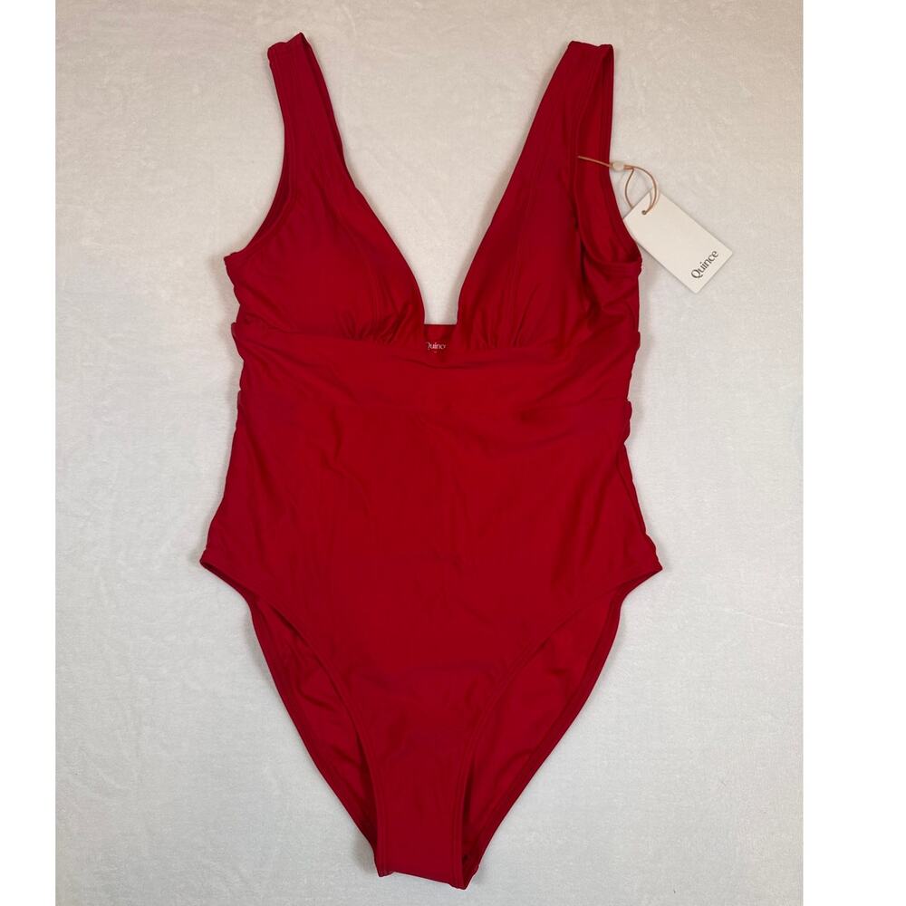NWT Quince Red Plunge  Neckline One Piece Bathing Suit Size Medium
